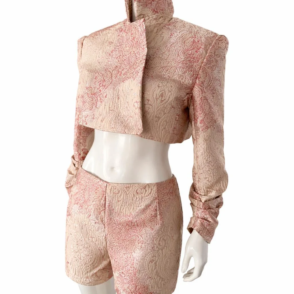 The real pink brocade set of cropped jacket and shorts