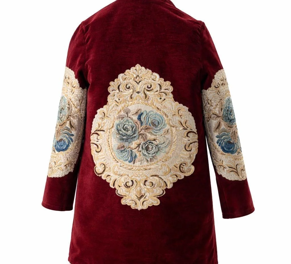 The real red damask coat with an embroidered medallion