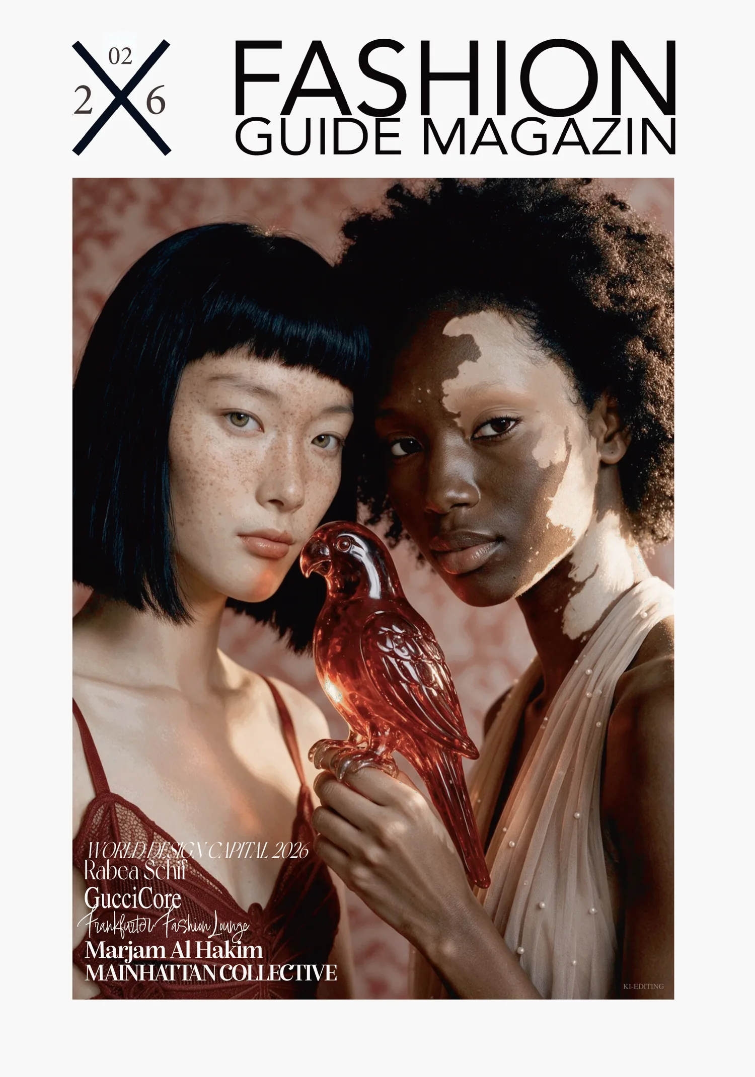 Cover of Fashion Guide Magazin issue 02/2026, The AI Issue: the AI models Aylin and Naima with a red glass parrot