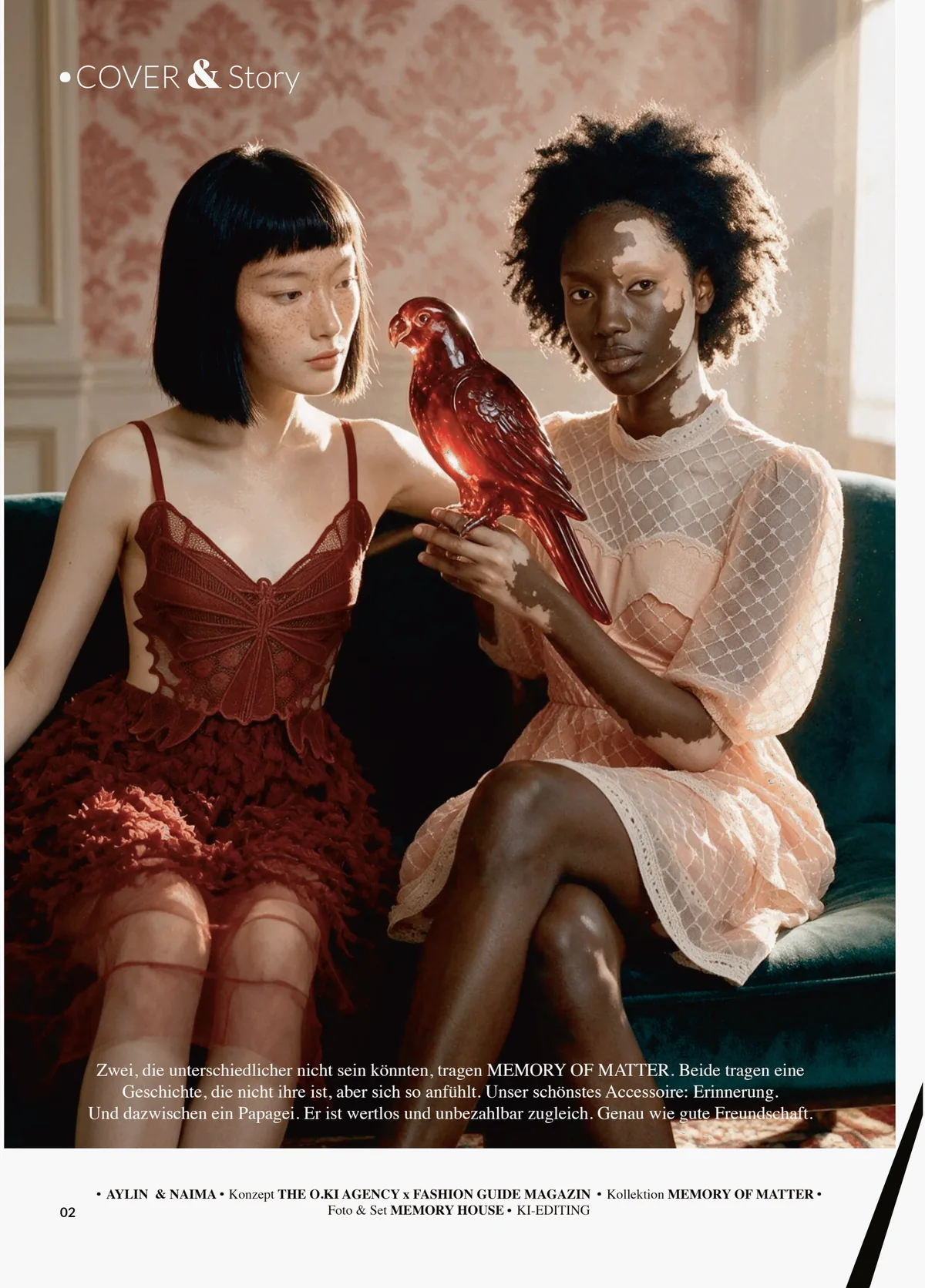 Printed page 02: Aylin and Naima together on a green velvet sofa