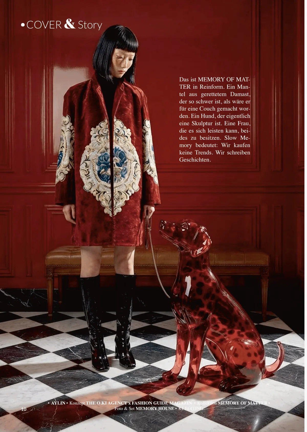 Printed page 10: Aylin in the red damask coat beside a red glass dog