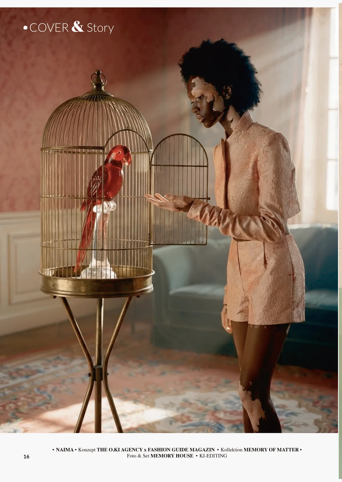 Printed page 16: Naima in the pink brocade set at the birdcage