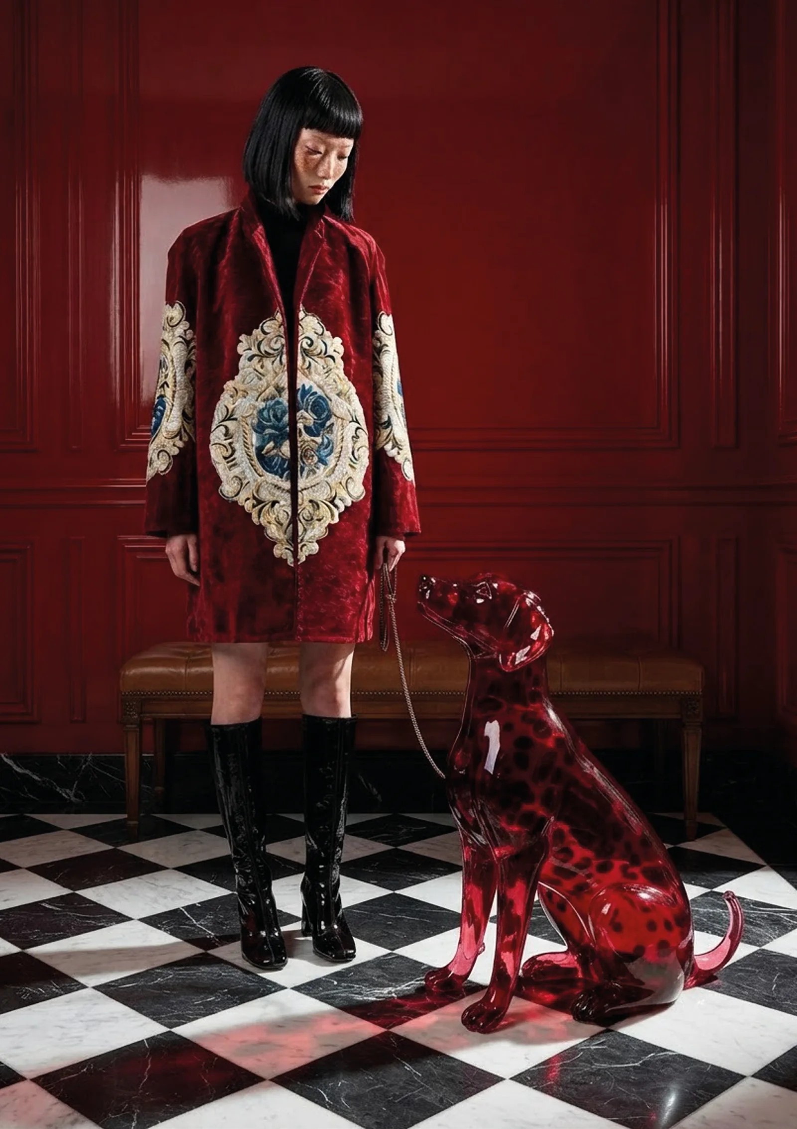 Aylin wearing the same damask coat beside a red glass dog