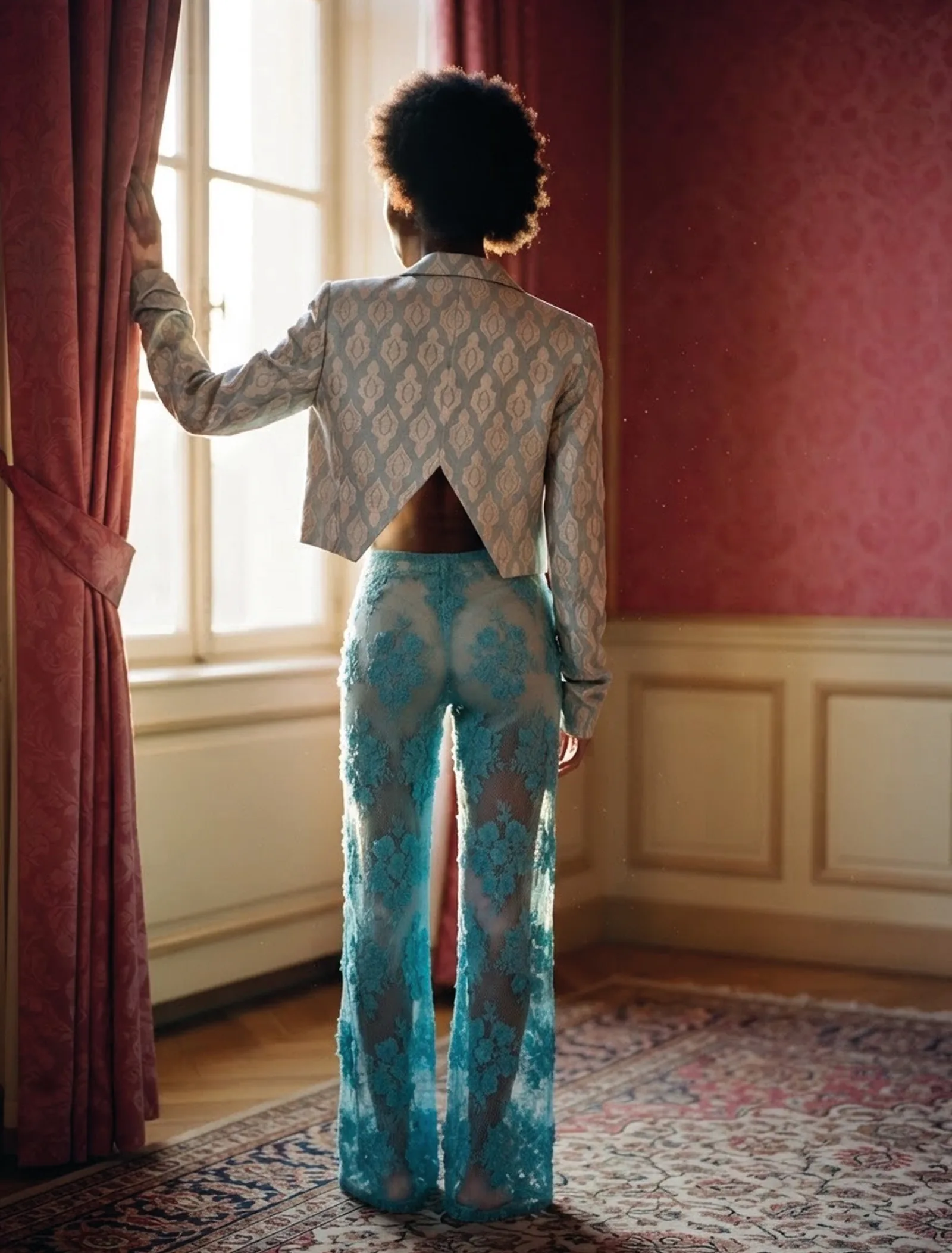Naima seen from behind at a window in turquoise lace trousers