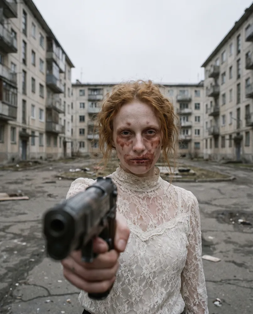 Red-haired woman, post-soviet grunge editorial — AI · The o.KI Agency