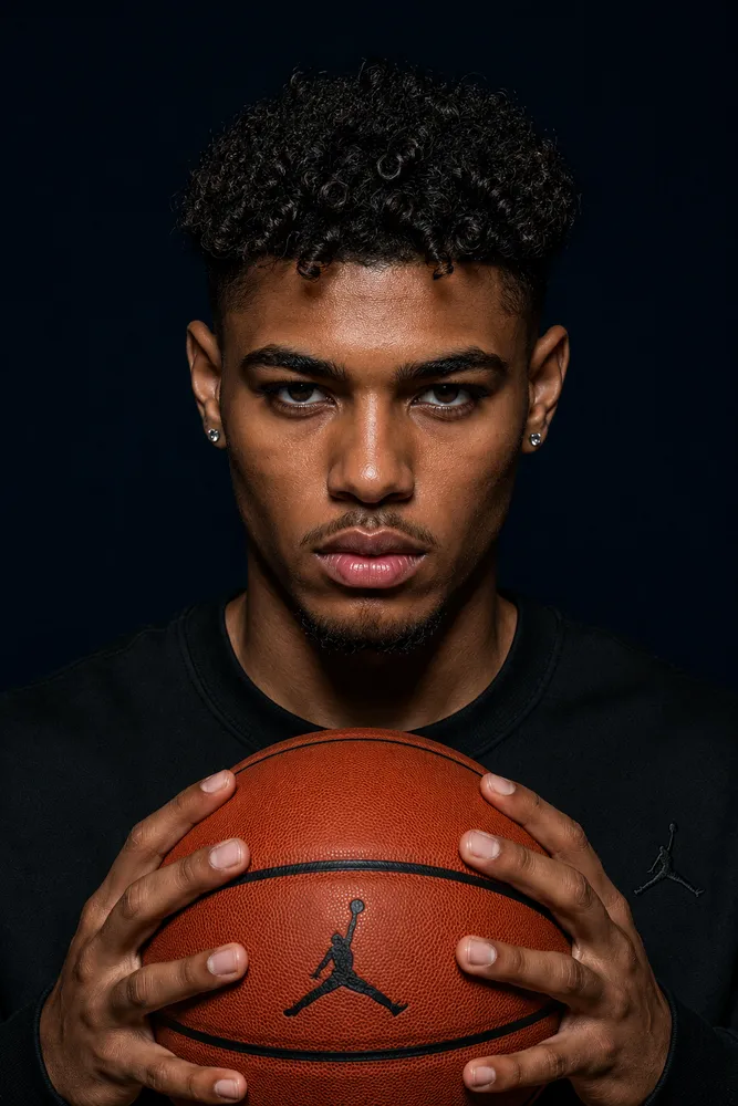 Male model with basketball, studio portrait — AI · The o.KI Agency