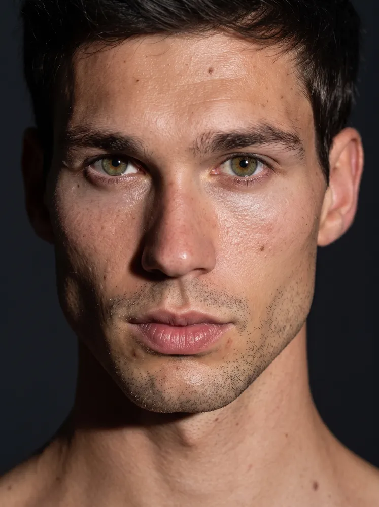 Male model, beauty close-up portrait — AI · The o.KI Agency