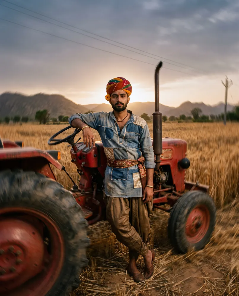 Man in turban with a red tractor — AI · The o.KI Agency