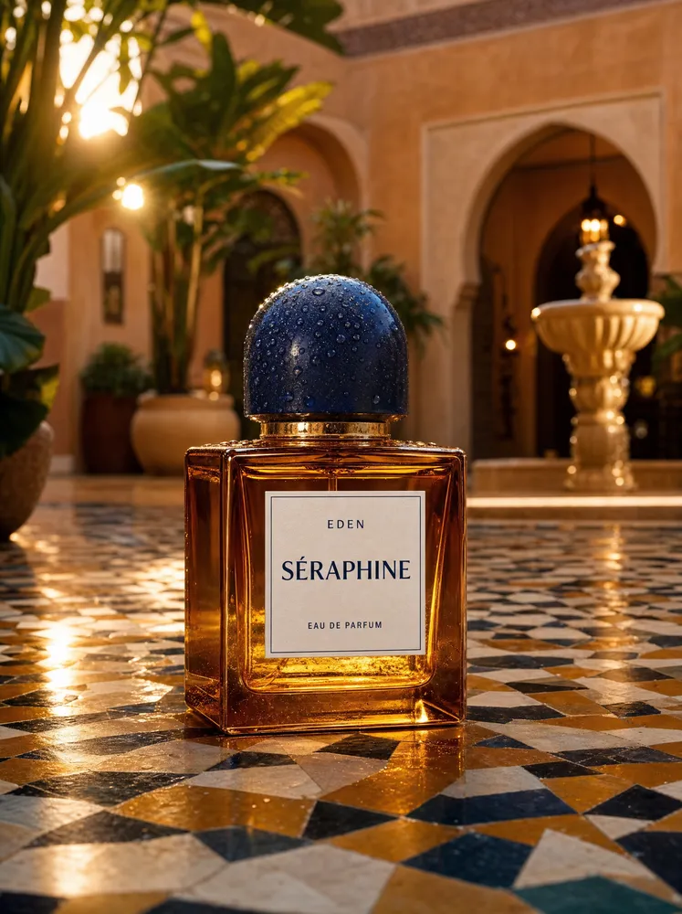 Amber perfume bottle in a riad — AI · The o.KI Agency