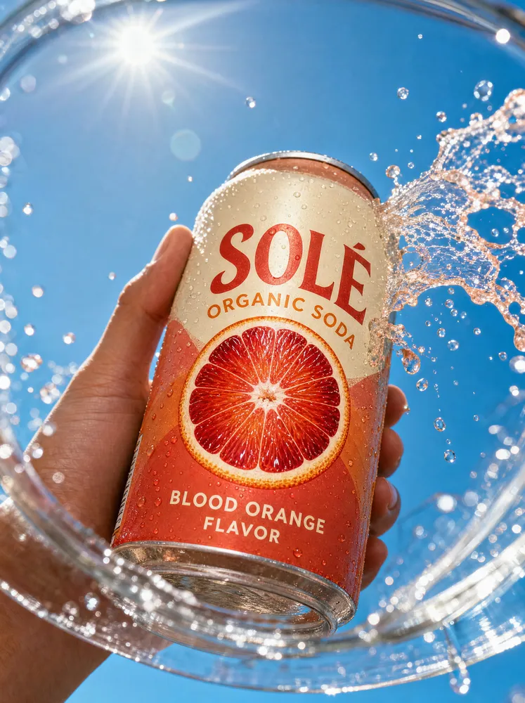 Hand holding blood-orange soda, splash — AI · The o.KI Agency